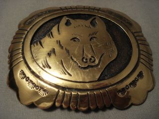 Very Rare Vintage Navajo Thomas Singer Gold Silver Wolf Buckle