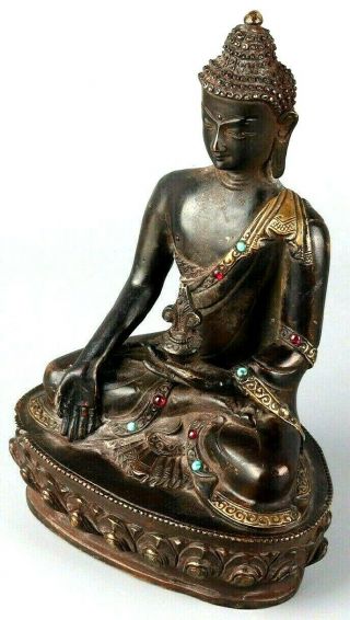 Large 19th Century Antique Chinese Copper Buddha Figure With Inlay Gemstones
