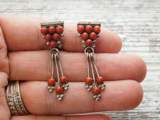 Vtg Old Pawn Zuni G.  Eriacho Sterling Silver Mediterranean Red Coral Earrings
