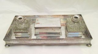 Very Large Impressive Old Sheffield Plate Table Ink Stand - C1830 - Desk