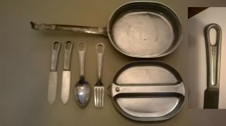 Vintage Ww2 Us Army Military Mess Kit Ea Co 1944 Aluminum Camping Pan & Utensils