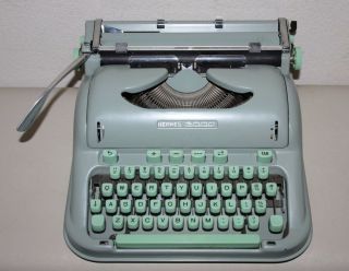Vintage 1966 Hermes 3000 Seafoam Green Portable Typewriter With Case & Brushes