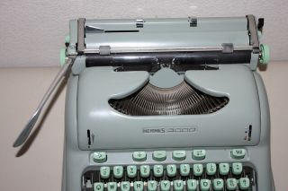 Vintage 1966 Hermes 3000 Seafoam Green Portable Typewriter with Case & Brushes 5