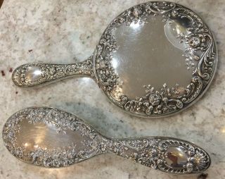 Vintage Gorham Ornate Sterling Silver Round Hand Mirror & Brush Dressing Set 26