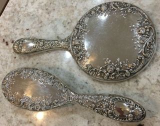 Vintage Gorham Ornate Sterling Silver Round Hand Mirror & Brush Dressing Set 26 2