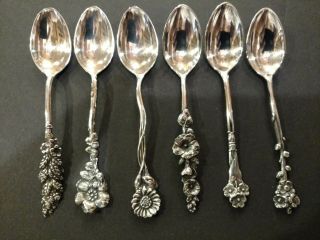 6 Early Reed & Barton Harlequin Sterling Figural Floral Demitasse Spoons 62g