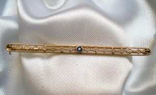 Antique Art Deco 10k Yellow Gold Blue Sapphire Filigree Brooch Pin 10kt 2.  2 Gr.