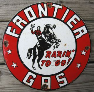 Frontier Gasoline Vintage Porcelain Enamel Gas Pump Oil Service Station Sign