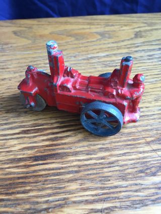Antique Red Cast Iron Steam Roller With Wooden Front Wheel
