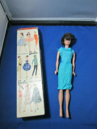 Vintage Barbie Doll - Brunette Bubblecut 850 - Turquoise Sheath Bow Dress - Box