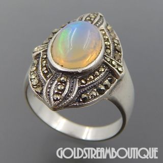 Vintage Sterling Silver Opal Marcasite Art Deco Domed Ring Sz 9