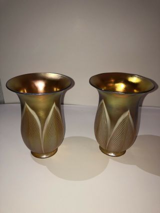 Set Of 2 Antique Steuben Art Glass Lamp Shades Iridescent Gold Ribbed