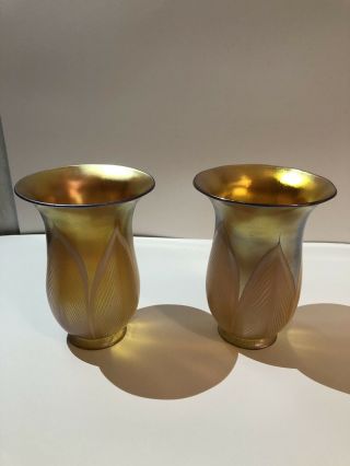 SET OF 2 ANTIQUE STEUBEN ART GLASS LAMP SHADES IRIDESCENT GOLD RIBBED 2
