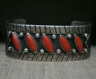 Vintage Native American Navajo Coral Sterling Silver Cuff Bracelet