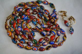 Vintage Venetian Murano Glass Millefiori Bead Knotted Necklace & Earrings 46.  5 "