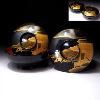 6k4: Vintage Japanese Lacquered Wooden Covered Bowls,  Gold Makie