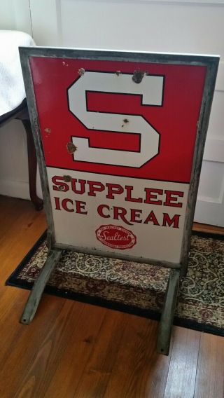 Vintage 1920 ' s Supplee Ice Cream Porcelain 2 Sided Sidewalk Sign - 10
