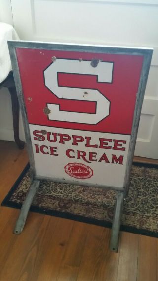Vintage 1920 ' s Supplee Ice Cream Porcelain 2 Sided Sidewalk Sign - 11