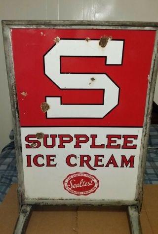 Vintage 1920 ' s Supplee Ice Cream Porcelain 2 Sided Sidewalk Sign - 3