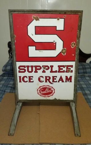 Vintage 1920 ' s Supplee Ice Cream Porcelain 2 Sided Sidewalk Sign - 4