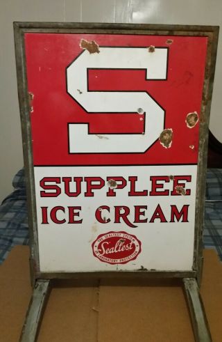 Vintage 1920 ' s Supplee Ice Cream Porcelain 2 Sided Sidewalk Sign - 5
