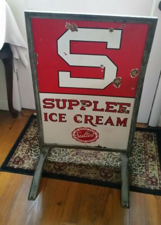 Vintage 1920 ' s Supplee Ice Cream Porcelain 2 Sided Sidewalk Sign - 9