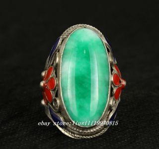 Old Handwork Natural Green Jade Tibet Silver Enamel Flower Adjust Ring
