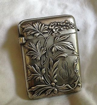 C1900 Antique French Silver Art Nouveau Vesta Case Lupin Flowers