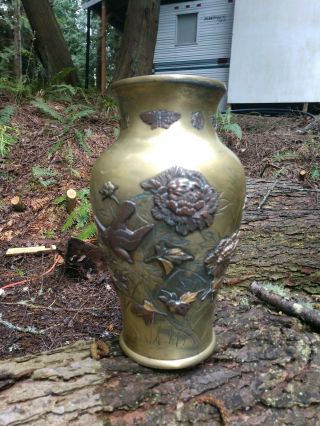 Antique Meiji Japanese Bronze Vase Floral Birds Large 11.  75 "