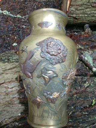 Antique Meiji Japanese Bronze Vase Floral Birds Large 11.  75 