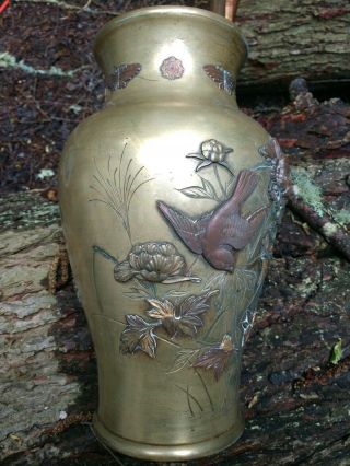 Antique Meiji Japanese Bronze Vase Floral Birds Large 11.  75 