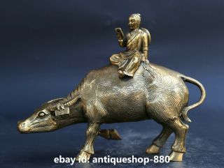 8.  3 " Chinese Fengshui Bronze Intellectual Boy Ride Bull Oxen Ox Look Book Statue