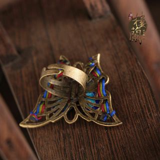 Chinese antique Cloisonne bronze copper Butterfly Adjustable ring 5