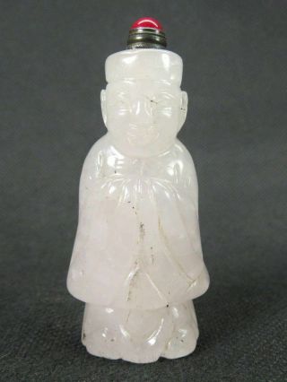 Chinese Qing Dynasty Person Carved Natural Pink Quartz Crystal Snuff Bottle