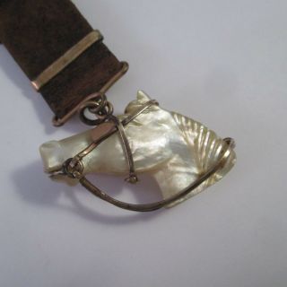 ANTIQUE Vintage CARVED MOTHER OF PEARL HORSE HEAD w/BRIDLE LEATHER WATCH FOB 2