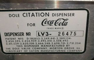 Rare Vintage Coke Fountain Dispenser - Dole Citation LV3 - Outboard - Coca - Cola 2