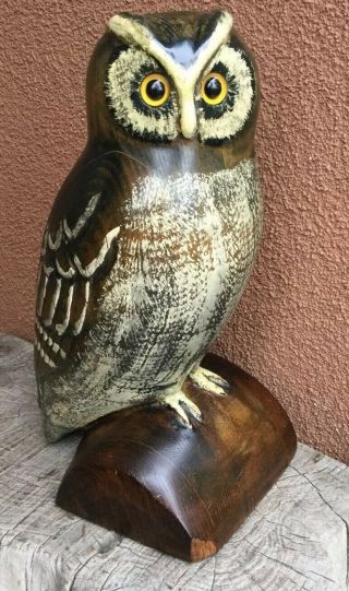 Rare 14” Signed Leo Koppy Hand Carved Painted Wood Owl Glass Eyes Wow