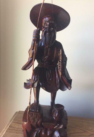 Antique Oriental Wood Carving Of A Fisherman W/pole.