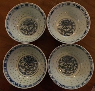 Set Of 4 Antique Marked Chinese Blue & White Porcelain Bowls Dragon 18c? 19c?