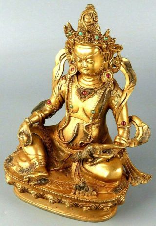 Rare 19th Century Antique Copper Buddha Figure Gold Gilt With Gemstones