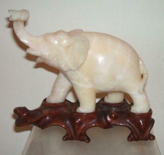 Chinese Carved Soapstone Hardstone Marble Elephant On Wood Stand