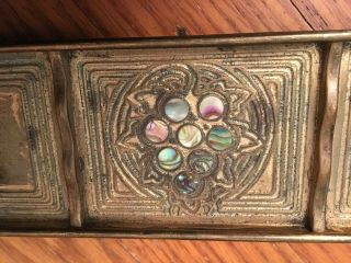 Antique Tiffany Studios Inkwell 1157,  Pen Tray 1159 Set - Bronze With Abalone 11
