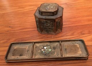 Antique Tiffany Studios Inkwell 1157,  Pen Tray 1159 Set - Bronze With Abalone