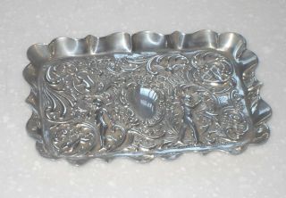 Victorian 1899 Sterling Silver With Cherubs & Animals Card Trinket Tray Antique