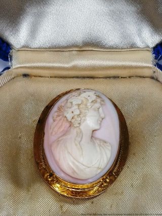 14k Yellow Gold Finely Carved Cameo Antique Art Nouveau Pendant Brooch W Box