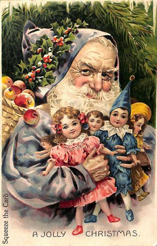 Rare " A Jolly Christmas " Squeaker Santa Claus Dolls Still Squeaks Postcard