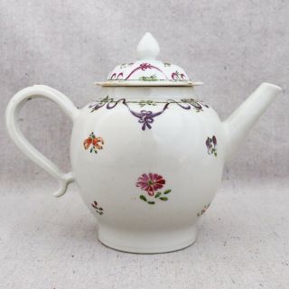 Antique 18th Century Chinese Export Enameled Porcelain Teapot Ribbon Bow Flowers