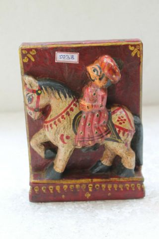 Old Hand Carved Painted Wooden Statue Man On Horse Figure Wall Block Nh5038