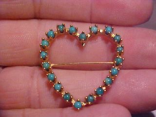 Vintage 1 " Long 14k Gold Heart Pin W/ 20 Blue Bead Gemstones Inset 7.  0 Grams