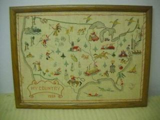Incredible Vintage Embroidery Sampler 1956 My Country Usa Map Cross Stitch